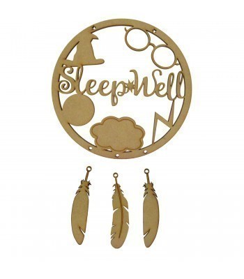 Laser Cut 'Sleep Well' Wizard Themed Dream Catcher with Hanging Feathers
